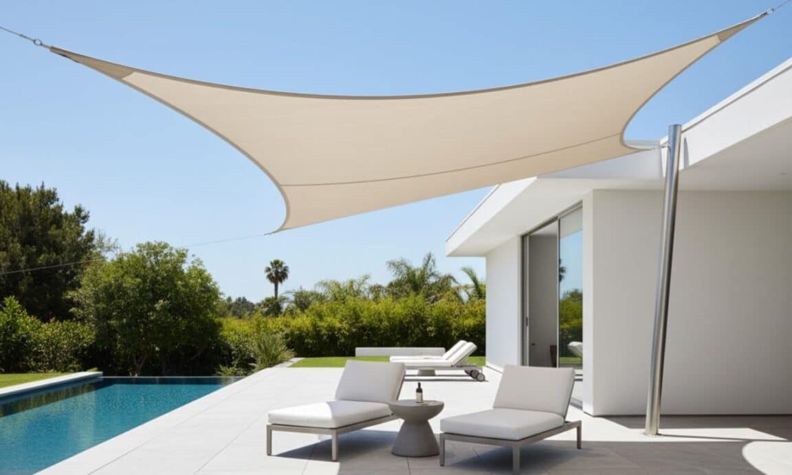 villa avec un voile d'ombrage blanc s'étendant de la maison à la piscine
