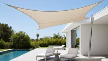 villa avec un voile d'ombrage blanc s'étendant de la maison à la piscine