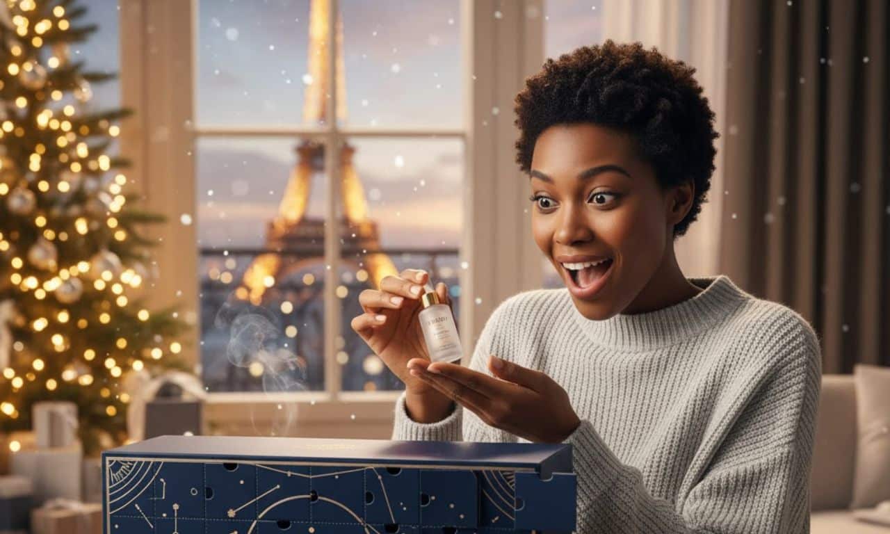 une femme surprise qui ouvre son calendrier de l'avent . Elle est à Paris