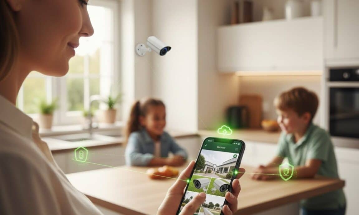 Une femme dans sa cuisine en train de vérifier les caméras de surveillance depuis son téléphone