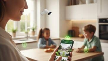 Une femme dans sa cuisine en train de vérifier les caméras de surveillance depuis son téléphone