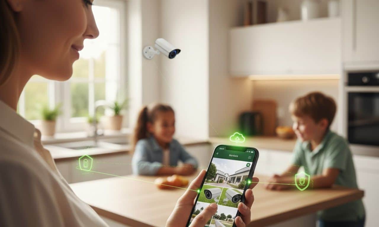 Une femme dans sa cuisine en train de vérifier les caméras de surveillance depuis son téléphone