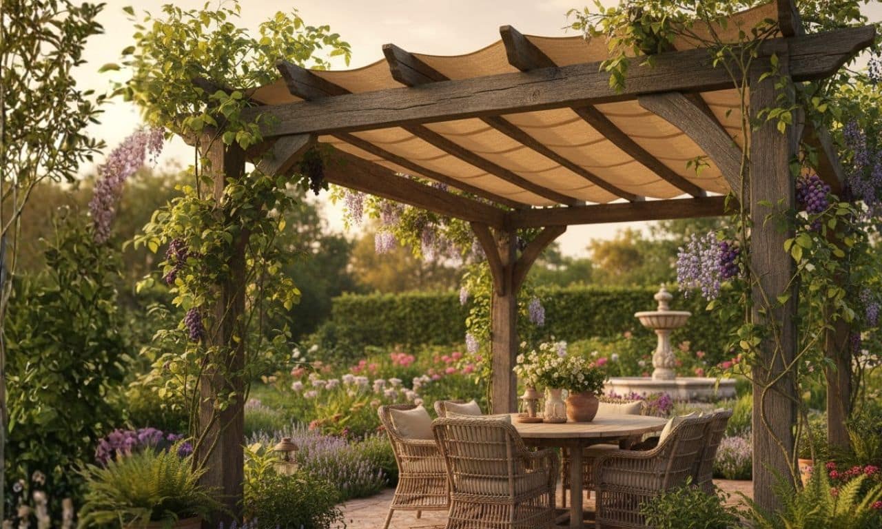 Pergola rustique en bois avec une toile de perfola couleur tabac