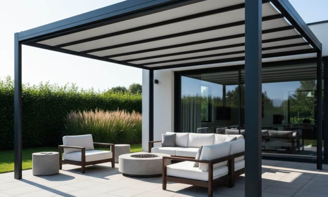 pergola moderne en métal avec une toile de pergola blanche