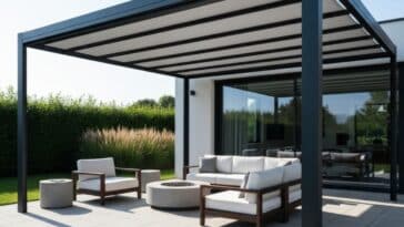pergola moderne en métal avec une toile de pergola blanche