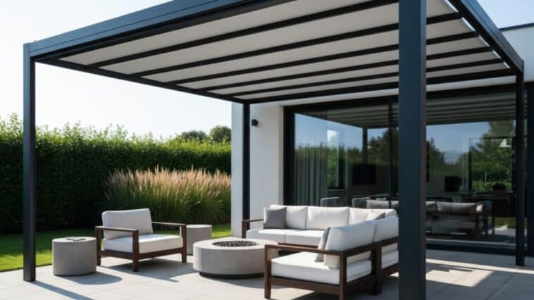 pergola moderne en métal avec une toile de pergola blanche