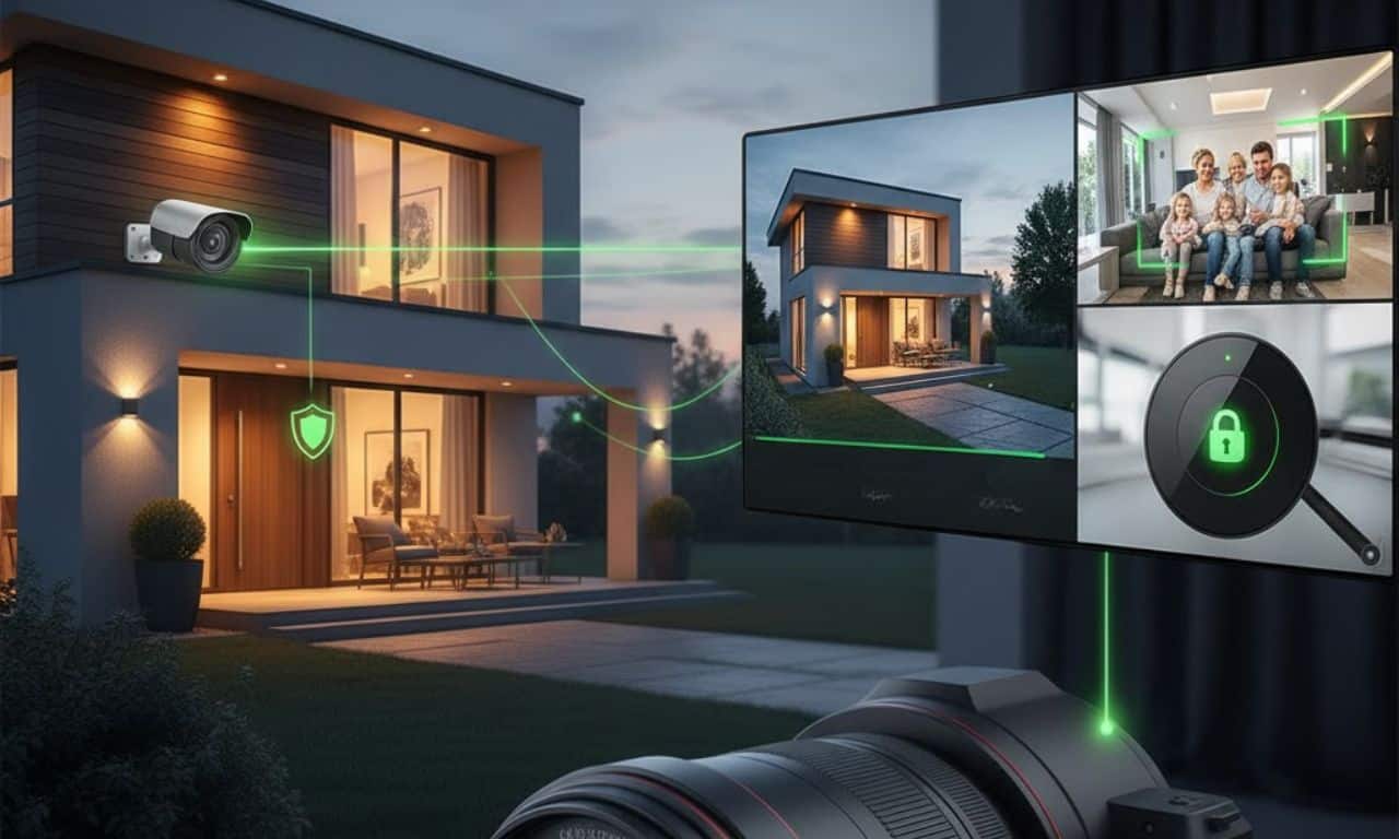 une image qui répresente une maison et sa système de sécurité avec des écrans de surveillance