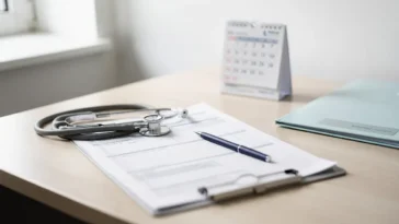 Certificat médical posé sur un bureau médical avec stylo et calendrier