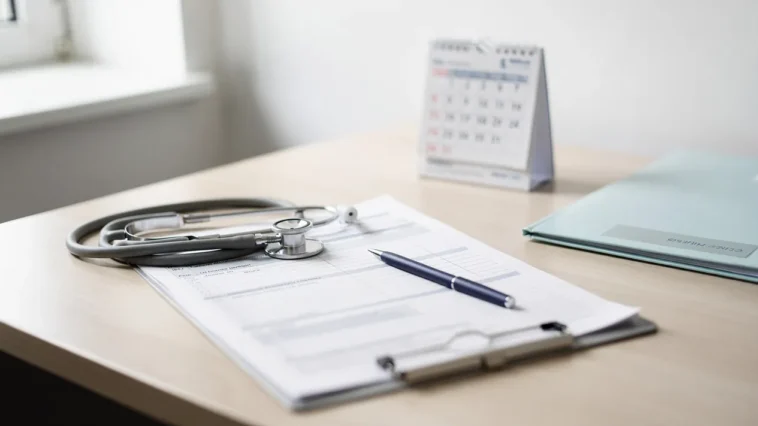 Certificat médical posé sur un bureau médical avec stylo et calendrier