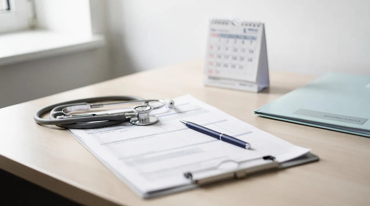 Certificat médical posé sur un bureau médical avec stylo et calendrier