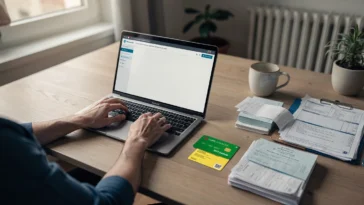 Assuré consultant son espace PlanSanté sur ordinateur avec carte Vitale et documents de mutuelle santé à côté