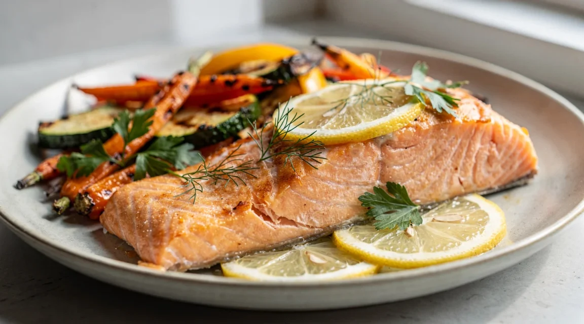 Saumon au four doré avec citron, herbes fraîches et légumes rôtis