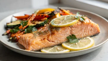 Saumon au four doré avec citron, herbes fraîches et légumes rôtis