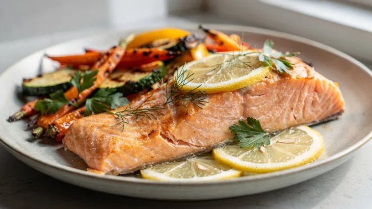 Saumon au four doré avec citron, herbes fraîches et légumes rôtis