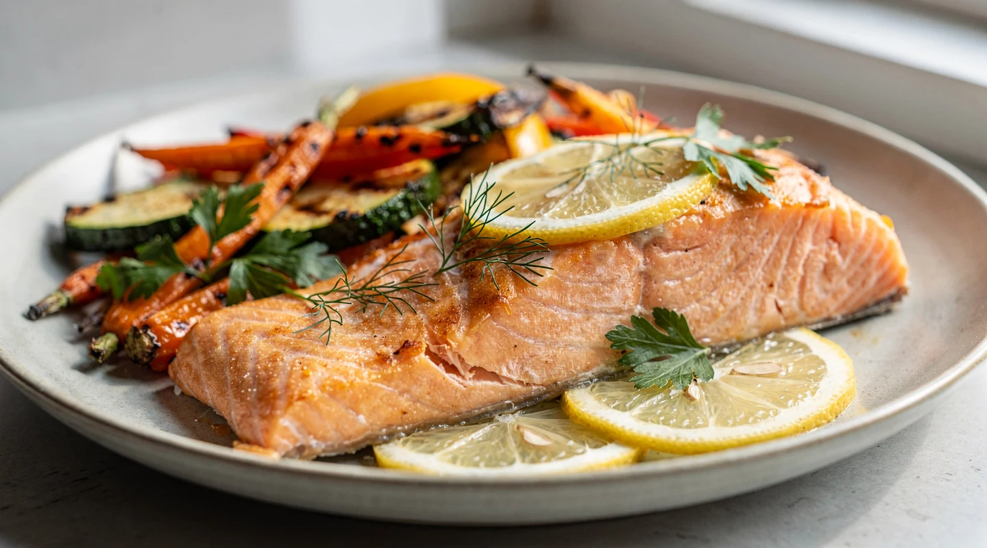 Saumon au four doré avec citron, herbes fraîches et légumes rôtis