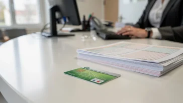 Professionnel de santé vérifiant une carte de tiers payant SP Santé sur un comptoir clair