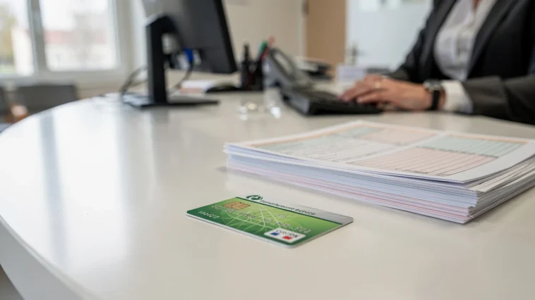 Professionnel de santé vérifiant une carte de tiers payant SP Santé sur un comptoir clair