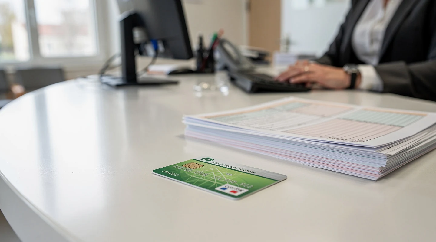 Professionnel de santé vérifiant une carte de tiers payant SP Santé sur un comptoir clair