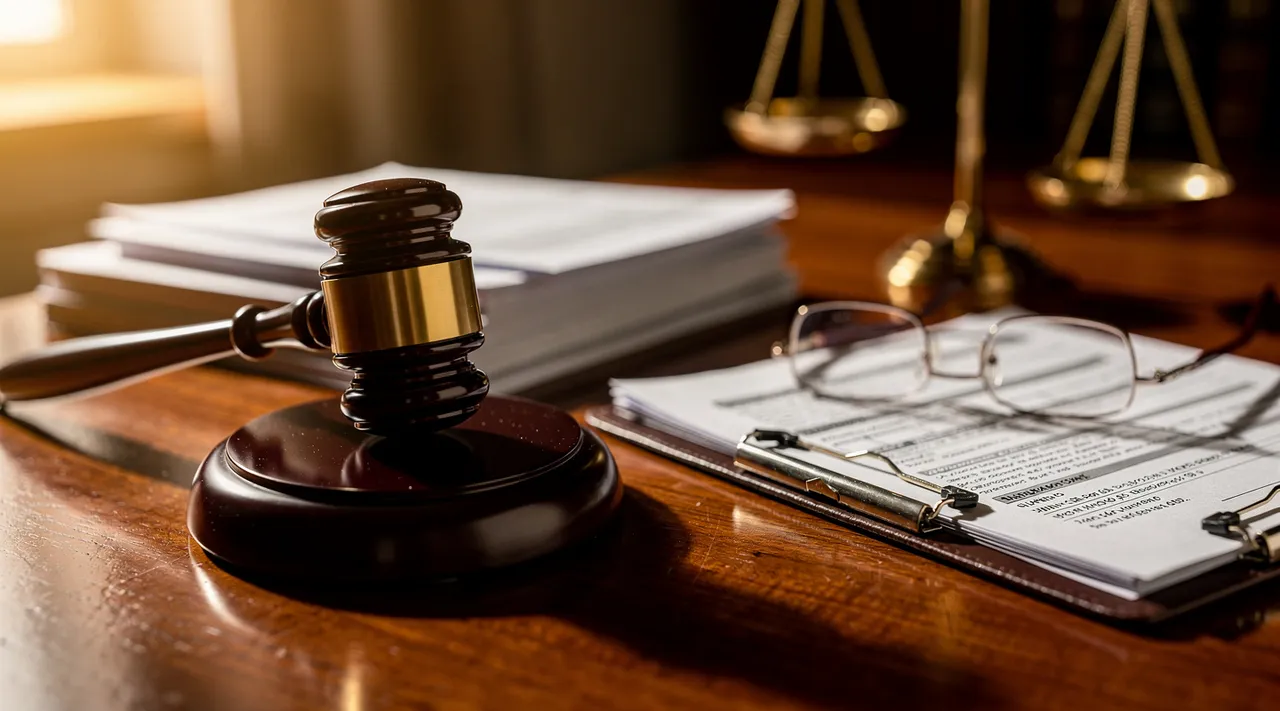 Bureau juridique avec documents d'assurance, marteau de juge et balance de justice — tableau indemnisation accident de la vie