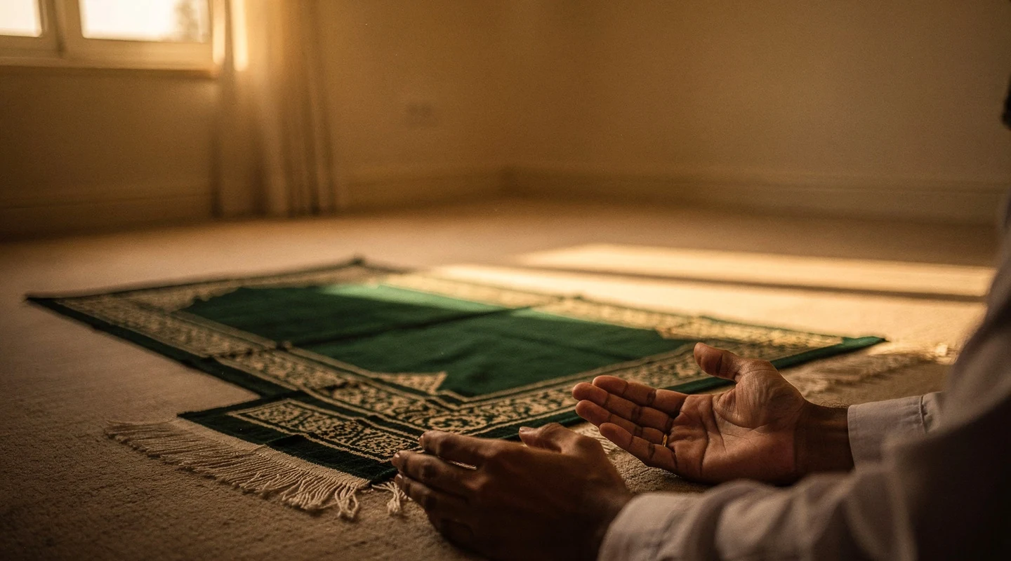 Évocation sobre de la Salat Istikhara avec un tapis de prière et une lumière douce propice au recueillement